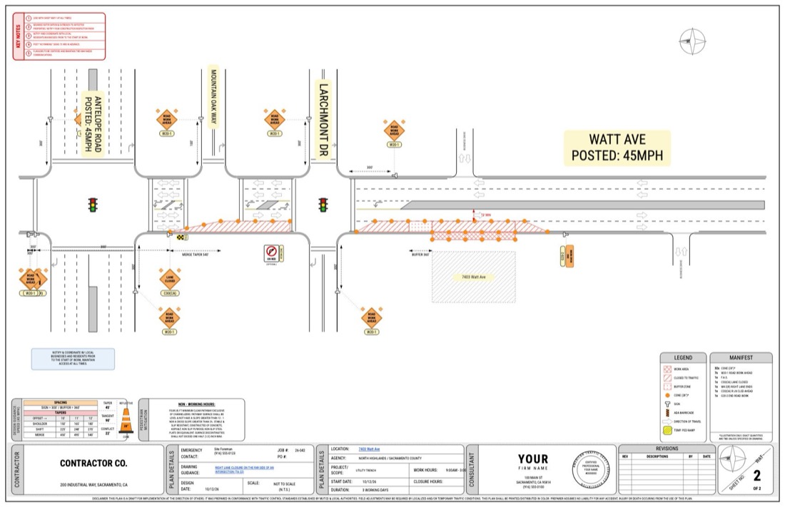 Plan sheet showing the right lane closure with signs, taper, buffer and cones